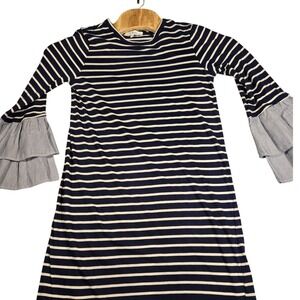 Clu Too Navy White Striped Ruffle Tiered Bell Sleeve‎ Knit Shift Dress Small